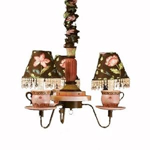 3 Arm Pink Green and Chocolate Teacup Chandelier by Yessica's
