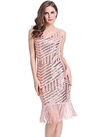 KAYAMIYA Women's 1920s Full Sequined Geometric Pattern Fringe Gatsby Flapper Dress