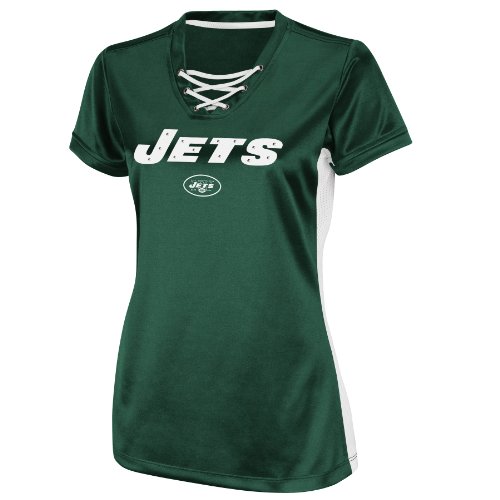NFL Women's New York Jets Draft Me IV Short Sleeve V-Neck Synthetic Tee (Dark Green/White, Large)