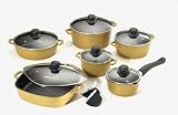 Karcher 112334 Kochtopf Set - hochwertiges 12-teiliges Aluguss Kochtopf Set mit Rechteckpfanne  - 3-fach Antihaftbeschichtung - gold