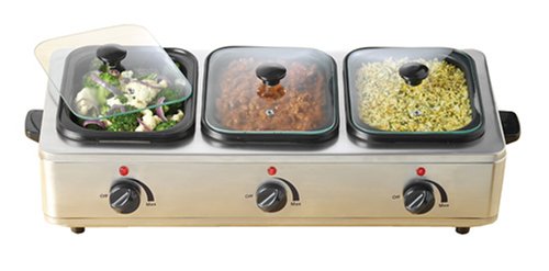 The Helman Group BCS-997 Stainless-Steel 3-Station Buffet Server with Separate Heat Controls and Glass Lids