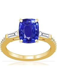 14K Yellow Gold Cushion Cut Blue Sapphire Ring With Sidestones