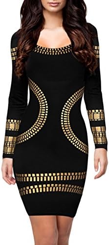 LINDALANG Women's Cut out Long Sleeves Kim Egypt Gold Foil Print Cocktail Dress Black Large