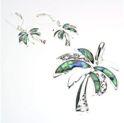 Natural Green Abalone Paua Shell Big Island Of Hawaii Filigree Palm Tree Chain Necklace Jewelry Set
