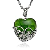 Sterling Silver Marcasite and Green Glass Heart Pendant, 18