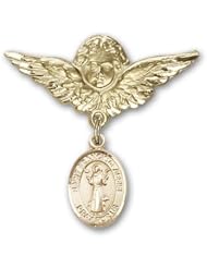 14K Gold Baby Badge with St. Francis of Assisi Charm and Angel with Wings Badge Pin