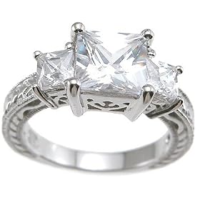 Vintage Style Three 3 Stone Sterling Silver Cubic Zirconia CZ Anniversary Ring Size 5 6 7 8 9