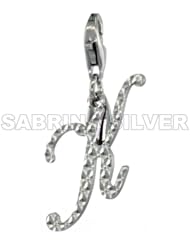 Sterling Silver Script Initial Letter K Alphabet Charm Diamond Cut Finish and Lobster Lock Clasp, 3/4 inch