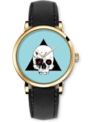 SPRAWL Aanalog Fashion Series Gold Ladies Watches of Genuine Black Leather Strap,Unique Wrist Watch for Women Girls Designed with Skull and black triangle