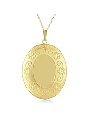 Oval Style Flower Engraved Locket And Pendant Necklace With Chain For Women 14K Yellow Gold Vermele