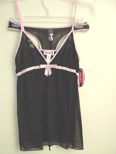 French Kitty Sheer Black Baby Doll Nightgown and Thong Set SEXY French Style Lingerie Negligee set Sheer Black with Pink Ribbon & Embroidery details.