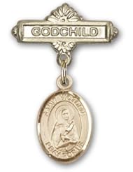14K Gold Baby Badge with St. Victoria Charm and Godchild Badge Pin