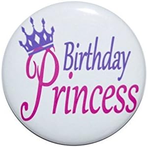 Birthday Princes 2 1/4 inch pin-back birthday button. White background Pink and Purple with a Purple Crown.