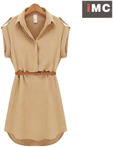 Imixcity Cap Sleeve Stretch Ol Belt Chiffon Casual Shirt Mini Dress