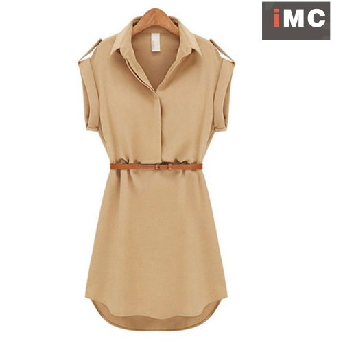 Imixcity Cap Sleeve Stretch Ol Belt Chiffon Casual Shirt Mini Dress