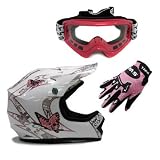 Youth White Pink Butterfly Dirt Bike ATV Motocross Off-road Helmet DOT with Goggles and Gloves (Large)