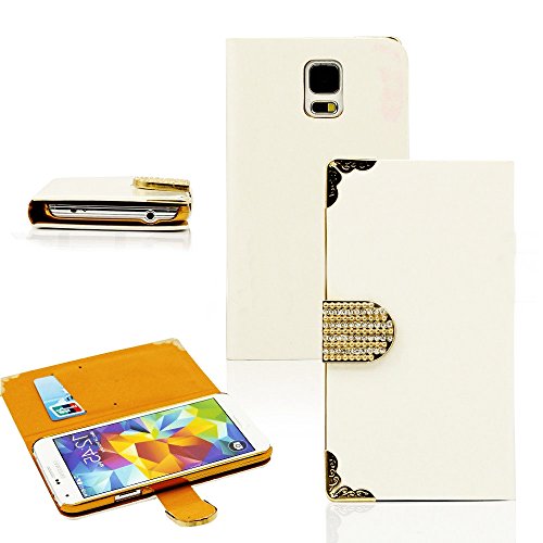 myLife (TM) Semi Gloss Snowflake White And Gold - Luxury Design - Koskin Faux Leather (Card, Cash and ID Holder + Magnetic Detachable Closing) Slim Wallet for NEW Galaxy S5 (5G) Smartphone by Samsung (External Rugged Synthetic Leather With Magnetic Clip + Internal Secure Snap In Hard Rubberized Bumper Holder)