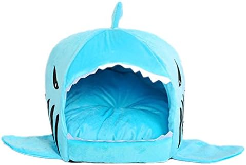 CnHonorable 1PC Blue (L)Waterproof Bottom Grey Shark Bed for Small Cat Dog Cave Bed Removable Cushion, Most Lovely Pet House Gift
