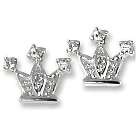 White Gold Plated Sterling Silver Crown CZ Earrings