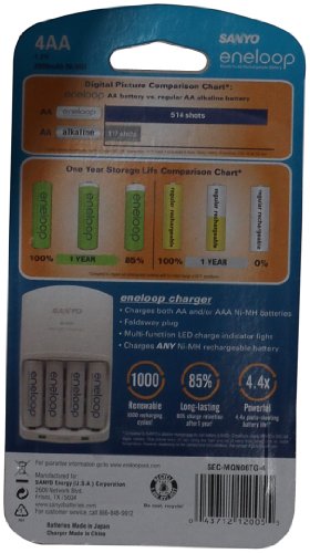 Sanyo Eneloop AA NiMH Pre-Charged Rechargable Batteries with Charger - 4 Pack