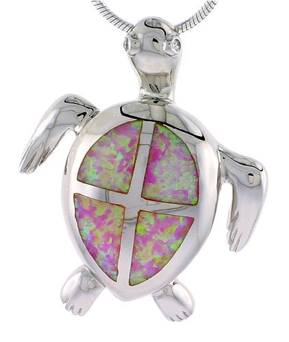 412LPbWZegL Sterling Silver  Synthetic Pink Opal Hawaiian Sea Turtle Pendant with CZ. 1 3 16 tall.
