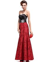 Hot Sale Ever Pretty Strapless Black Red Satin Floral Printed Ruffles Evening Gown 09727, HE09727RD14, Red, US12