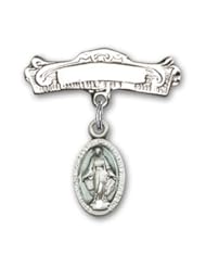 Sterling Silver Baby Badge with Blue Miraculous Charm and Arched Polished Badge Pin