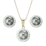 10k Yellow Gold Black Freshwater Cultured Pearl and Crystal Earrings 5.7mm and Pendant 7mm Set, 18