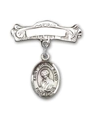 Sterling Silver Baby Badge with St. Dominic Savio Charm and Arched Polished Badge Pin