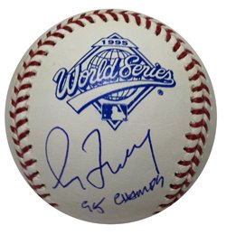 Signed Greg Maddux 1995 World Series Baseball 95 CHAMPS MLB COA Maddux won the 1995 World Series with the Atlanta Braves. Future Baseball Hall of Fame player, 16 x Gold Glove winner, 4x CY Young Winner, and 8x All-Star. Arguably baseball's greatest pitcher of all time. Major League Baseball authenticated. Comes with a unique MLB hologram # verified on their website. What that means is a Major Leag