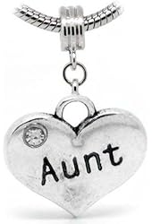 Pro Jewelry " Aunt " 2 Sides Heart Shaped Silver Dangle W/Stone Charm Bead