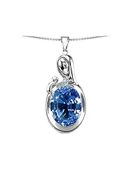 Original Star K (tm) Loving Mother With Child Family Pendant With Oval 11x9mm Simulated Aquamarine in .925 Sterling Silver