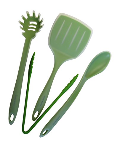 cmsHome Green Ice 4 Piece Set Premium Silicone Kitchen Utensils Silicone Tool Set Non-stick Non-toxic, XL Pancake Turner, Long Mixing Spoon, Long Spaghetti Fork, Tongs (Green Ice)
