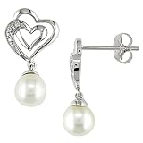 10K White Gold .03 ctw Diamond Heart and 6-6.5mm Pearl Drop Earrings