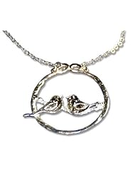 Sterling Silver Circle Necklace with Kissing Love Birds - Brands on a Branch Necklace