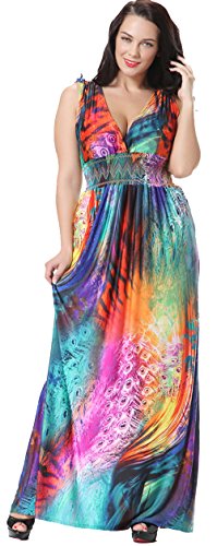 Jusfitsu Women's V-neck Floral Printed Beach Boho Maxi Dress Plus Size Colorful 2XL