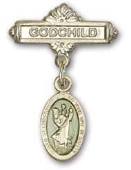 Gold Filled Baby Badge with Blue St. Christopher Charm and Godchild Badge Pin