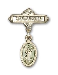 Gold Filled Baby Badge with Blue St. Christopher Charm and Godchild Badge Pin