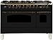 Ilve UPN120FDMPNYLP Nostalgie Series 48 Inch Dual Fuel Convection Freestanding Range, 7 Sealed Brass Burners, 5 cu.ft. Total Oven Capacity in Glossy Black, Bronze Trim (Liquid Propane)