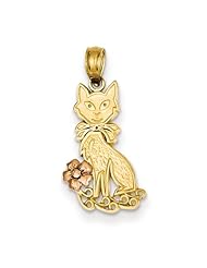 14K Two-tone Gold Bow and Pink Flower Cat Pendant