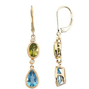 Genuine IceCarats Designer Jewelry Gift 14K Yellow Gold Genuine Peridot, Swiss Blue Topaz And Diamond Earrings. Pair .04 Ct Tw Genuine Peridot, Swiss Blue Topaz And Diamond Earrings In 14K Yellow Gold