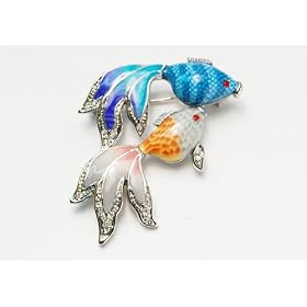 Beautiful Blue Orange Romantic Dual Fish Lovers Brooch