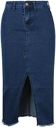 ililily Women High Waist Frayed End Sexy Classic Open Slit Denim Pencil Skirt , Dark Blue