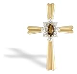 14K Yellow Gold Genuine Marquise Smoky Quartz and Diamond Cross Pendant