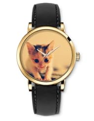 SPRAWL Aanalog Fashion Series Gold Ladies Watches of Genuine Black Leather Strap,Unique Wrist Watch for Women Girls Designed with Kitten
