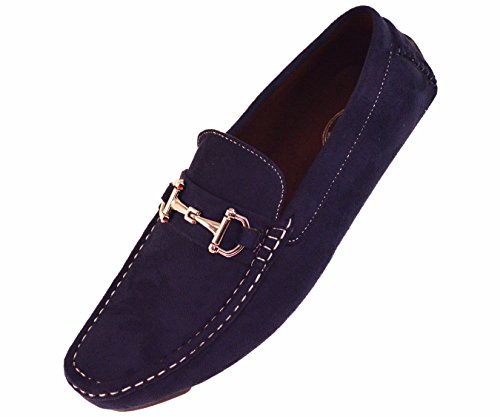Amali Mens Navy Blue Microfiber Driving Loafer Shoes with Silver Horsebit Ornament: Style Norwalk-002
