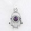 Hamsa Hand Pendant with Amethyst Gemstone in Sterling Silver on 16" Box Chain, #8378