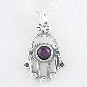 Hamsa Hand Pendant with Amethyst Gemstone in Sterling Silver on 16" Box Chain, #8378