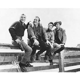 DAN BLOCKER AS ERIC 'HOSS' CARTWRIGHT, LORNE GREENE AS BEN CARTWRIGHT, MICHAEL LANDON AS JOSEPH 'LITTLE JOE' CARTWRIGHT, PERNELL ROBERTS AS ADAM CARTWRIGHT FROM BONANZA #5 - BLACK & WHITE Movie Photo- MEDIUM Size Print - SIZE 14x11" (36x28cm)