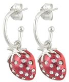 Sterling Silver Red Enamel and Crystal Strawberry Charm Hoop Earrings (0.4